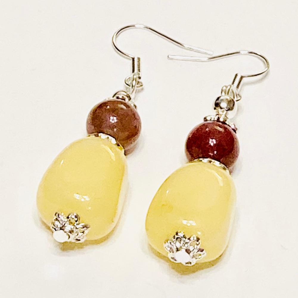 Light Yellow Jadeite & Brown Indian Agate Stone Drop Boho Style Earrings - Picture 2 of 9